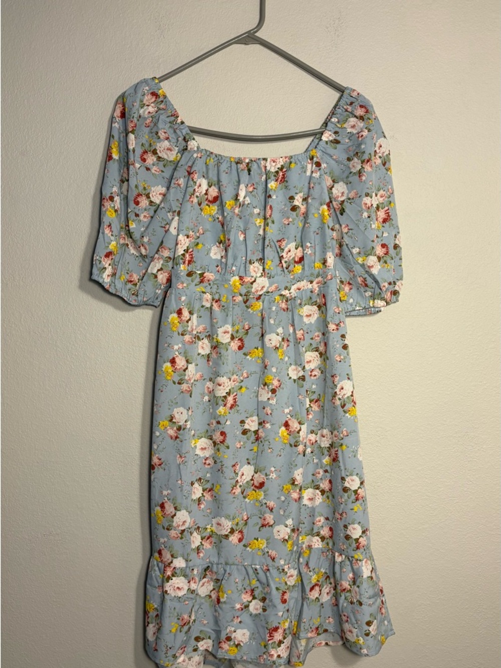 Blue Floral Puff Sleeve Smocked Midi Dress Cottagecore Milkmaid Size L Juniors